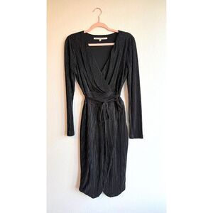 Rachel Roy Silvia Wrap Midi Dress in Black & Metallic Green Plisse size Large